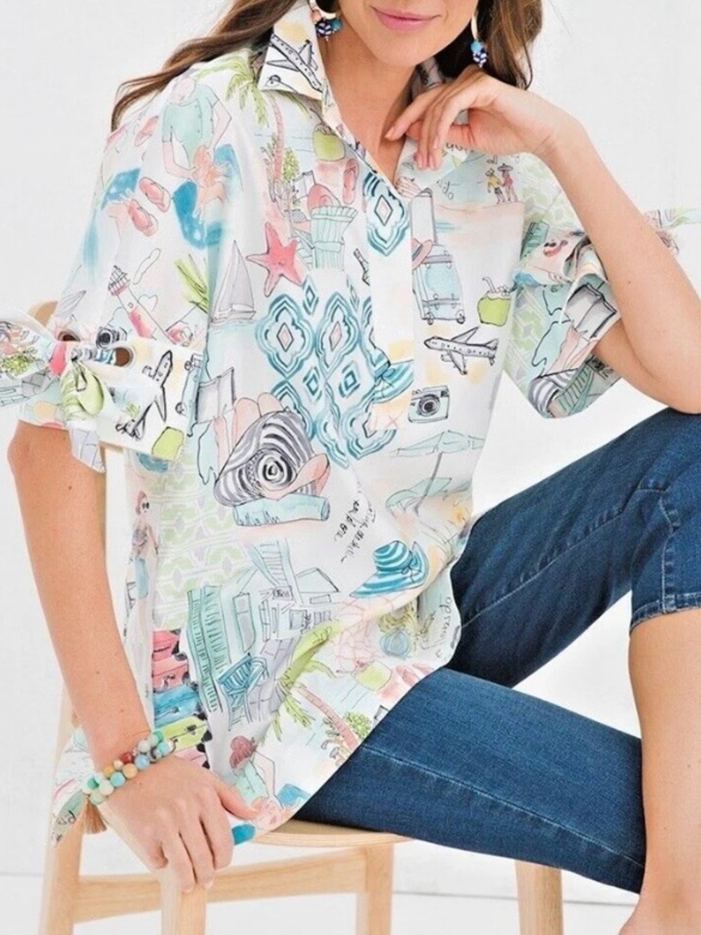 Chico's Bow & Grommet Paradise Tie Sleeve Travel Destination Tunic - Size 3/16